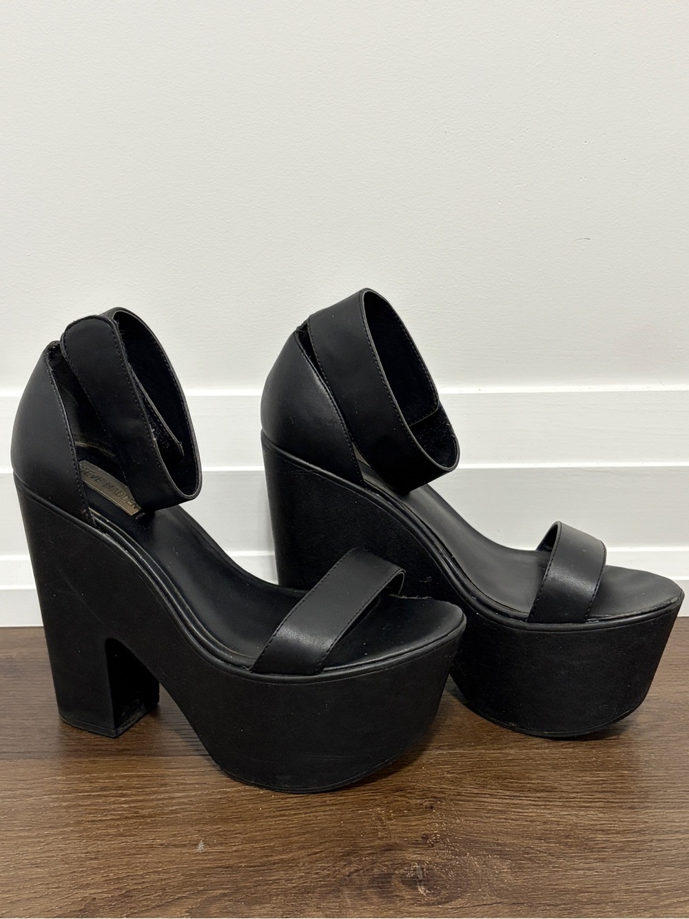 Steve Madden Black Platform Ankle-Strap Block Heels - Size 8